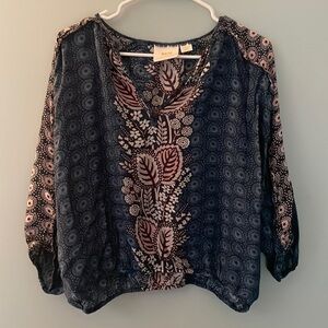MAEVE by ANTHROPOLOGY‎ Blue Floral Batwing Cinch Waist Bohemian Peasant Top. XS